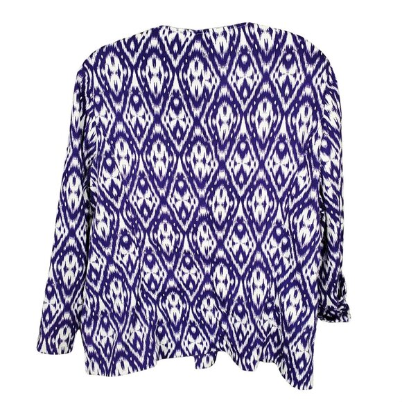 Chico's 2 Size L Jacket Open Collarless Blazer Pockets Cuff Sleeves Ikat Purple - Picture 3 of 7